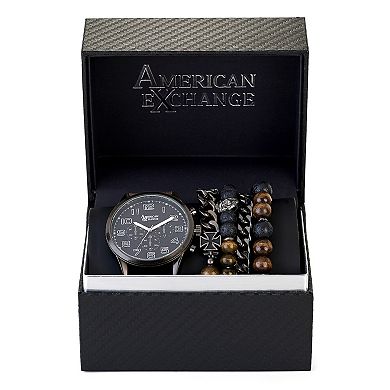 American Exchange Men's Brown Polyurethane Strap Analog Watch & Stackable Bracelet Set