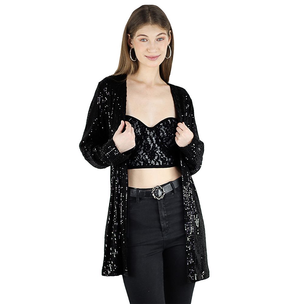 Women's Long Sequin Open Front Long Sleeve Evening Dressy Cardigan