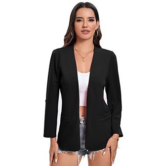 Womens Business Blazer Jacket Long Sleeve Collarless Open Front Cardigan Work Shrug with Pockets