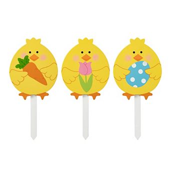 Glitzhome 15"H Set of 3 Eye-catching Easter Wooden Chick Pick/Yard Stake