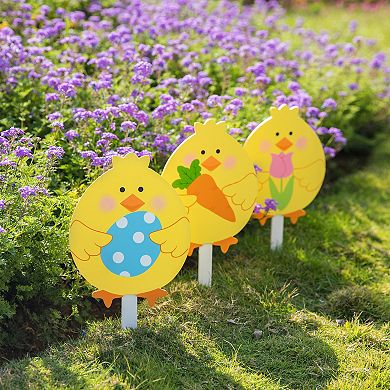 Glitzhome 15"H Set of 3 Eye-catching Easter Wooden Chick Pick/Yard Stake