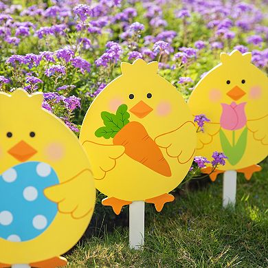 Glitzhome 15"H Set of 3 Eye-catching Easter Wooden Chick Pick/Yard Stake