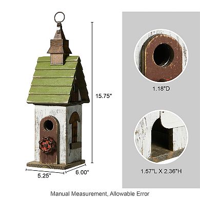 Glitzhome 15.75"H White and Green Distressed Solid Wooden Garden Birdhouse