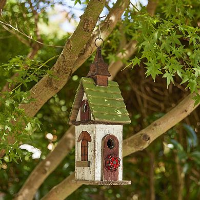 Glitzhome 15.75"H White and Green Distressed Solid Wooden Garden Birdhouse