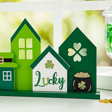 Glitzhome 16"L St. Patrick's Wooden LUCKY House-shaped Table Decor