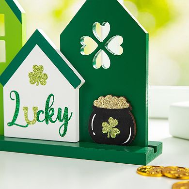 Glitzhome 16"L St. Patrick's Wooden LUCKY House-shaped Table Decor