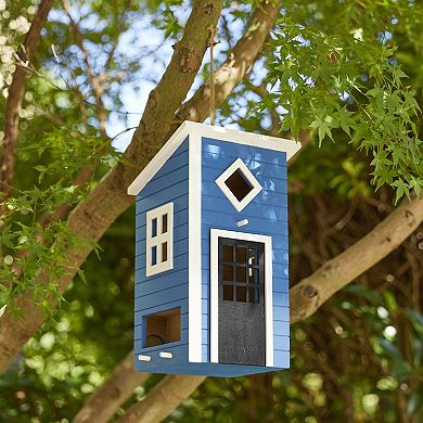 Glitzhome 14"H Modern Functional Bule Solid Wood Outdoor Garden Birdhouse