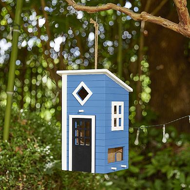 Glitzhome 14"H Modern Functional Bule Solid Wood Outdoor Garden Birdhouse