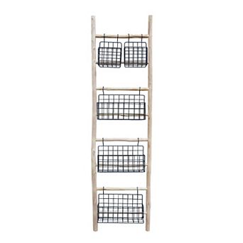 Parisloft Wood Ladder with 5 Removable Metal Black Baskets, Decorative Ladder Shelf, 60.2"H