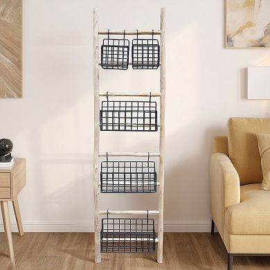 Parisloft Wood Ladder with 5 Removable Metal Black Baskets, Decorative Ladder Shelf, 60.2"H
