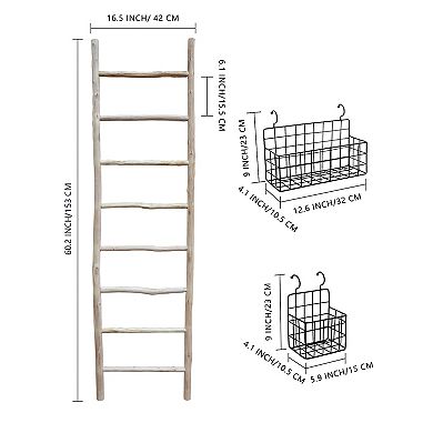 Parisloft Wood Ladder with 5 Removable Metal Black Baskets, Decorative Ladder Shelf, 60.2"H
