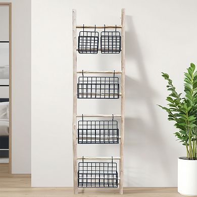 Parisloft Wood Ladder with 5 Removable Metal Black Baskets, Decorative Ladder Shelf, 60.2"H