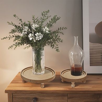 Parisloft Set of 2 Round Wood Plant Stand with Wood Beads, Brown, 5.6"/7.6"Dia.