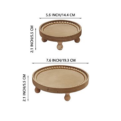 Parisloft Set of 2 Round Wood Plant Stand with Wood Beads, Brown, 5.6"/7.6"Dia.