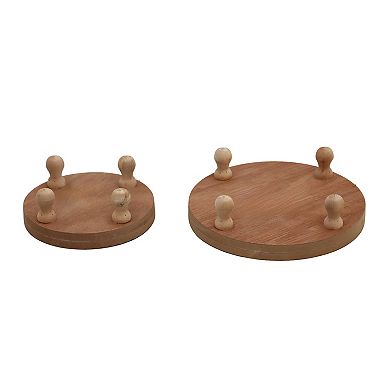 Parisloft Set of 2 Round Wood Plant Stand with Wood Beads, Brown, 5.6"/7.6"Dia.