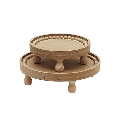 Parisloft Set of 2 Round Wood Plant Stand with Wood Beads, Brown, 5.6"/7.6"Dia.