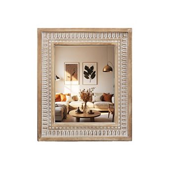 Parisloft Rectangular Carved Wood Wall Mirror - 20 x 23.6 in Rustic Brown and White