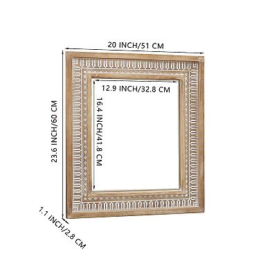 Parisloft Rectangular Carved Wood Wall Mirror - 20 x 23.6 Inches, Rustic Brown and White