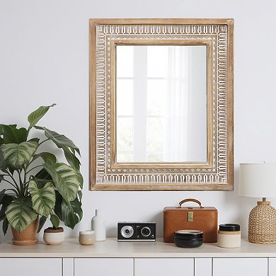 Parisloft Rectangular Carved Wood Wall Mirror - 20 x 23.6 Inches, Rustic Brown and White