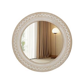 Parisloft 23.6 Inch Round Carved Wood Wall Mirror, Brown and White