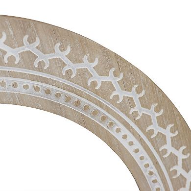 Parisloft 23.6 Inch Round Carved Wood Wall Mirror, Brown and White