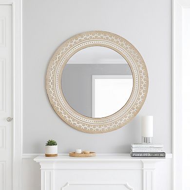 Parisloft 23.6 Inch Round Carved Wood Wall Mirror, Brown and White