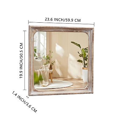 Parisloft Square Wood Wall Mirror -23.6 x 23.6 Inches, Rustic Brown