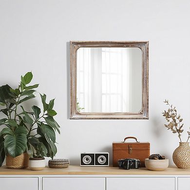 Parisloft Square Wood Wall Mirror -23.6 x 23.6 Inches, Rustic Brown