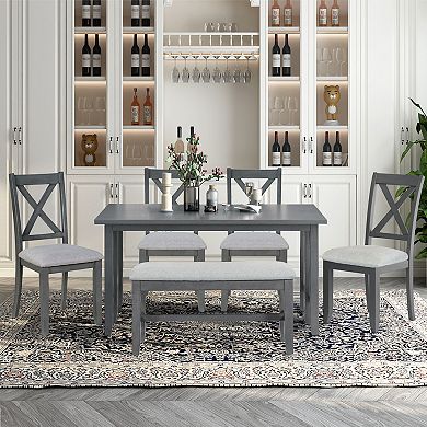 Merax 6-Piece Family Dining Room Set Solid Wood Space Saving Foldable Table and 4 Chairs with Bench