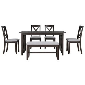 Merax 6 pc Family Dining Room Set Solid Wood Space Saving Foldable Table and 4 Chairs with Bench