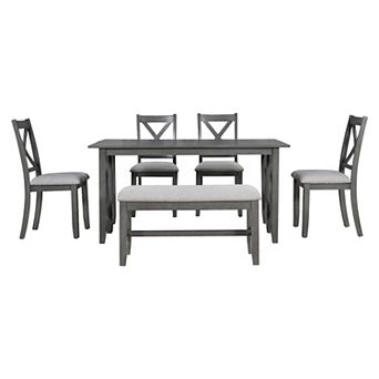 Merax 6 pc Family Dining Room Set Solid Wood Space Saving Foldable Table and 4 Chairs with Bench