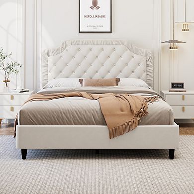 Merax Upholstered Bed with Ruched and Button Tufted Headboard