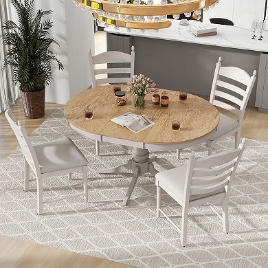 Merax 5-Piece Retro Functional Dining Table Set Wood Round Extendable Dining Table and 4 Chairs