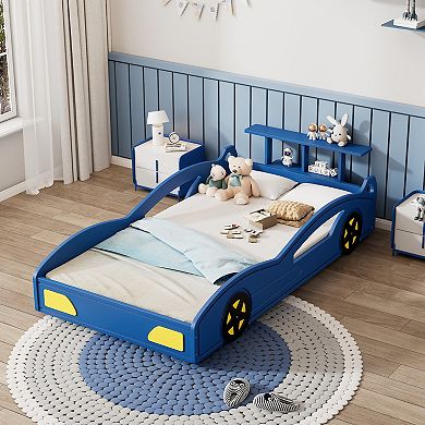 Merax Wooden Race Car Bed,Car-Shaped Platform Twin Bed with Wheels For Teens