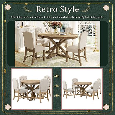 Merax Retro Style Dining Table Set with Extendable Table and 4 Upholstered Chairs