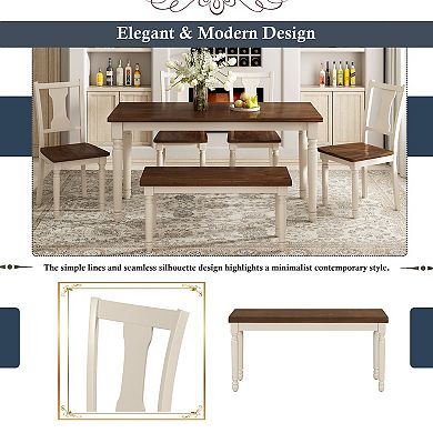 Merax Classic 6-Piece Dining Set Wooden Table and 4 Chairs with Bench for Kitchen Dining Room