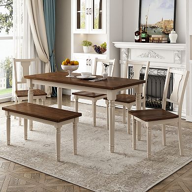 Merax Classic 6-Piece Dining Set Wooden Table and 4 Chairs with Bench for Kitchen Dining Room