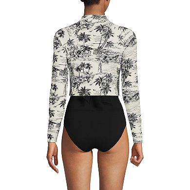 Women's Lands' End Long Sleeve Cropped UPF 50 Rash Guard Swim Top