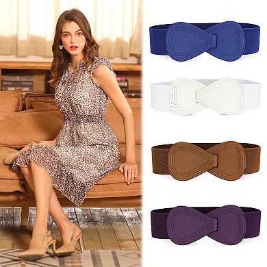 2pcs Women's Elastic Waist Belt Interlock 8-shaped Faux Leather Buckle Belts