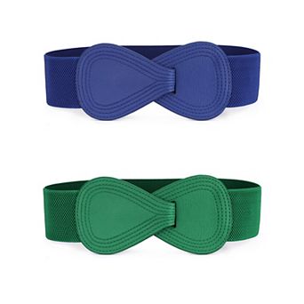 2 pc Women's Elastic Waist Belt Interlock 8-shaped Faux Leather Buckle Belts