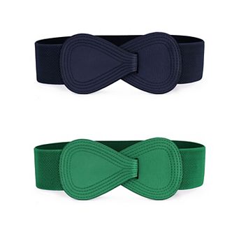 2 pc Women's Elastic Waist Belt Interlock 8-shaped Faux Leather Buckle Belts