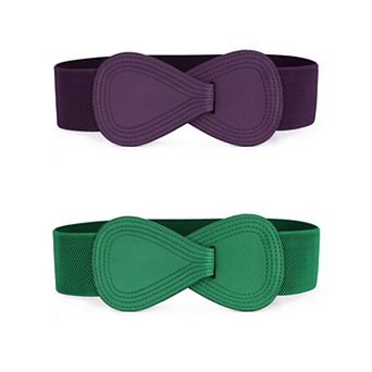 2 pc Women's Elastic Waist Belt Interlock 8-shaped Faux Leather Buckle Belts