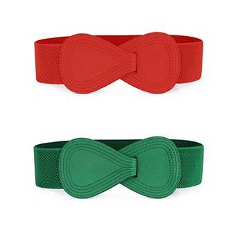 2 pc Women's Elastic Waist Belt Interlock 8-shaped Faux Leather Buckle Belts