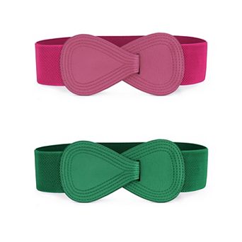 2 pc Women's Elastic Waist Belt Interlock 8-shaped Faux Leather Buckle Belts