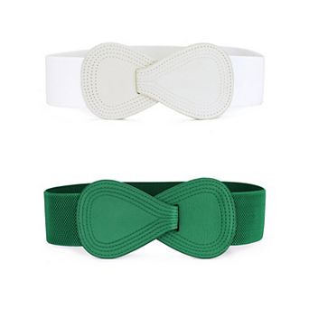 2 pc Women's Elastic Waist Belt Interlock 8-shaped Faux Leather Buckle Belts