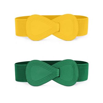 2 pc Women's Elastic Waist Belt Interlock 8-shaped Faux Leather Buckle Belts