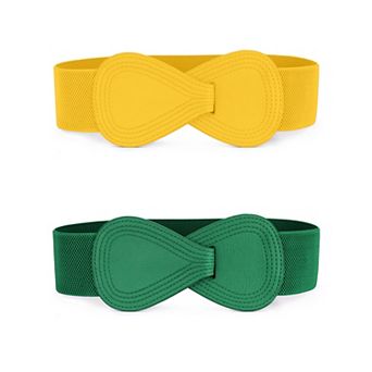 2 pc Women's Elastic Waist Belt Interlock 8-shaped Faux Leather Buckle Belts