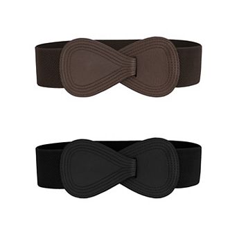 2 pc Interlock 8-shaped Faux Leather Buckle Elastic Waist Belt for Lady