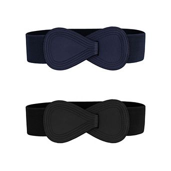 2 pc Interlock 8-shaped Faux Leather Buckle Elastic Waist Belt for Lady