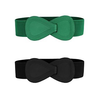 2 pc Interlock 8-shaped Faux Leather Buckle Elastic Waist Belt for Lady